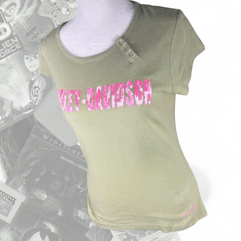 Vintage Y2K Babydoll Harley Davidson Green & Pink Camo Henley Top